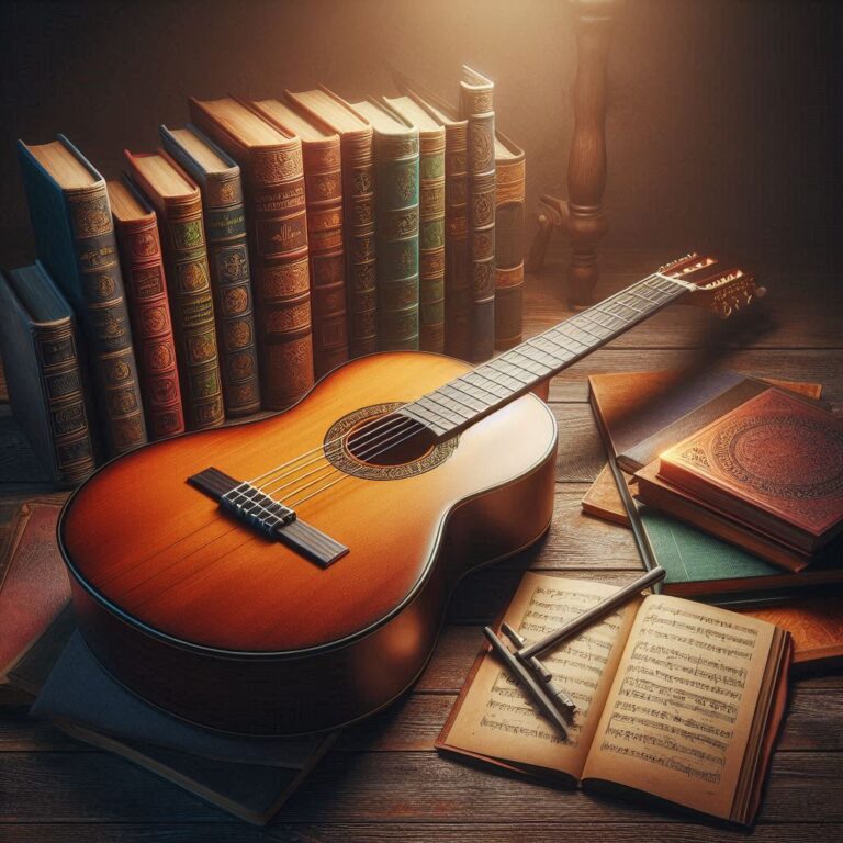 "A classical guitar with a few neatly arranged music books, representing the essence of structured learning and preparation for classical guitar exams